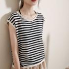 Cap-sleeve Striped Knit Top Stripe - Black & White - One Size