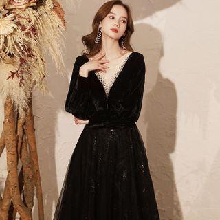 Long-sleeve Mesh Panel A-line Evening Gown