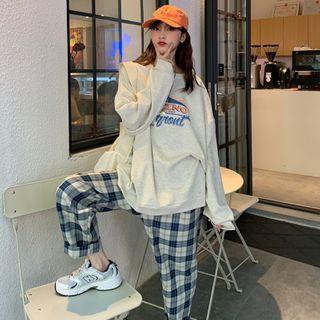 Lettering Sweatshirt / Wide-leg Plaid Pants