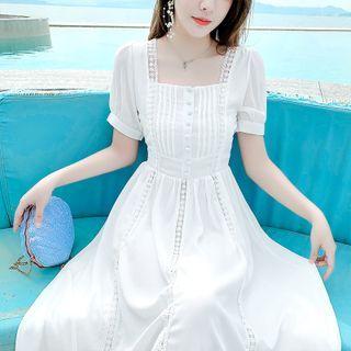 Square Neck Lace Trim Midi A-line Dress