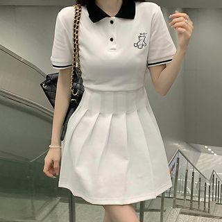 Short-sleeve Collar Bear Embroidered Mini A-line Dress