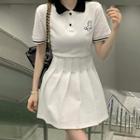 Short-sleeve Collar Bear Embroidered Mini A-line Dress