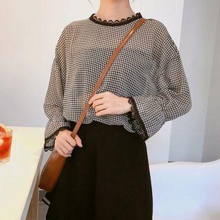 Lace Trim Gingham Chiffon Blouse
