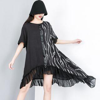 Chiffon Panel Printed Irregular Hem Elbow-sleeve T-shirt