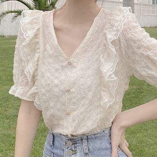 Short-sleeve Ruffle Trim Lace Blouse Milky White - One Size