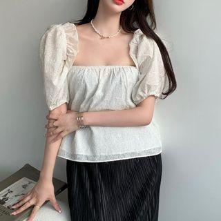 Short-sleeve Square Neck Blouse / Textured Midi Skirt