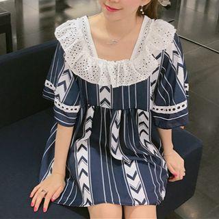 Elbow-sleeve Patterned Mini Dress
