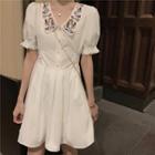 Embroidered Collar Puff-sleeve A-line Dress Dress - One Size