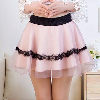 Lace Trim Organza A-line Skirt