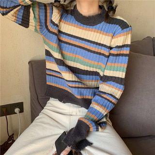 Mock-turtleneck Striped Ribbed Sweater As Shown In Figure - One Size