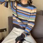 Mock-turtleneck Striped Ribbed Sweater As Shown In Figure - One Size