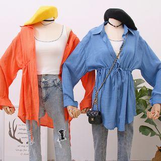 Set: Drawstring-waist Light Shirt + Lettering Crop Tank Top