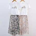 Set: Lettering Short Sleeve T-shirt + Floral Print Midi Chiffon Skirt