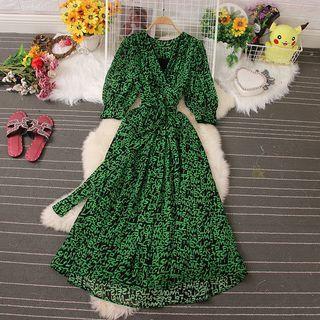 Elbow-sleeve Print Midi Wrap Dress