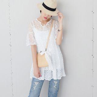 Set: Embroidered Short-sleeve A-line Dress + Strappy Dress