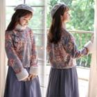 Set: Long-sleeve Mandarin Collar Floral Blouse + Midi A-line Skirt