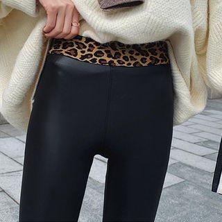 Faux Leather Leopard Print Panel Leggings