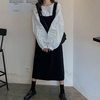 Balloon-sleeve Blouse / Plain Midi Pinafore Dress