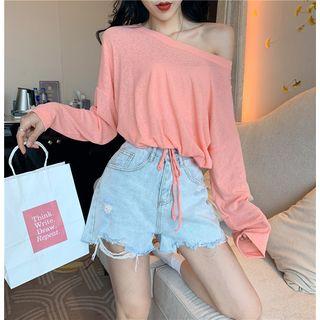 One-shoulder Long-sleeve Drawstring Cropped T-shirt