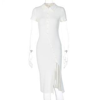 Short-sleeve Collared Slit Midi Sheath Dress