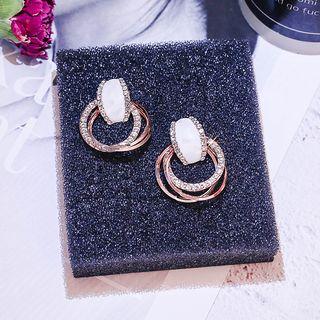 925 Sterling Silver Rhinestone Asymmetric Hoop Earring 1 Pair - Gold - One Size