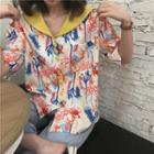 Elbow-sleeve Printed Buttoned Top As Shown In Figure - One Size