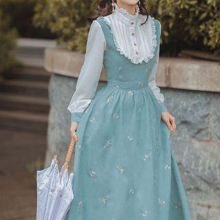 Mock Two-piece Long-sleeve Frill Trim Floral Midi A-line Dress