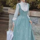 Mock Two-piece Long-sleeve Frill Trim Floral Midi A-line Dress