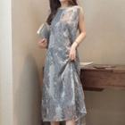 Set: Printed Sleeveless Dress + 3/4 Sleeve Light Coat