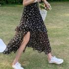 High-waist Ruffle Floral Slit Chiffon Midi Skirt