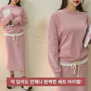 Set: Drawstring-waist Pullover + Band-waist Midi Skirt