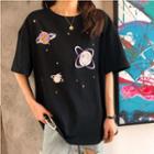 Elbow-sleeve Embroidered T-shirt Black - One Size