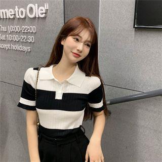 Short-sleeve Paneled Knit Polo Top