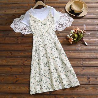Set: Short-sleeve T-shirt + Floral Print Midi A-line Overall Dress