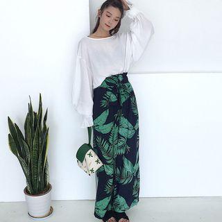 Set: Plain Long Sleeve Top + Leaf Print Wide Leg Pants