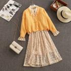 Set: Long-sleeve Midi A-line Lace Dress + Cardigan