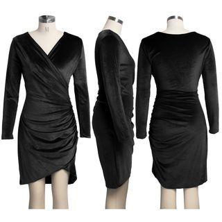 Long-sleeve Sheath Wrap Velvet Dress