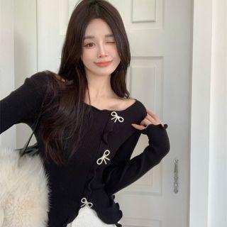 Asymmetrical Bow Accent Knit Top Black - One Size