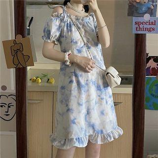 Tie-dye Print Ruffle Trim Mini A-line Dress