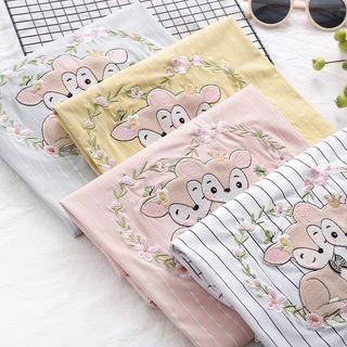 Short-sleeve Striped Deer Embroidered T-shirt
