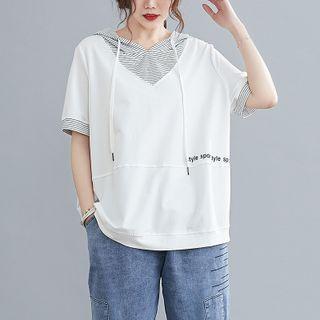 Short-sleeve Striped Panel Hooded T-shirt