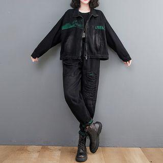 Washed Color Block Denim Jacket / Distressed Tapered Jeans