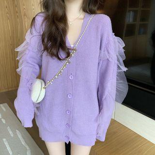 Mesh Panel V-neck Cardigan As Shown In Figure - One Size