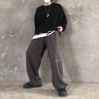 Lettering Embroidered Drawstring Hem Straight-cut Pants
