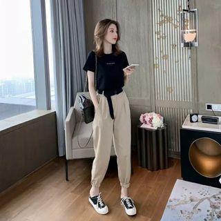 Set: Lettering Short-sleeve T-shirt / Gather-cuff Harem Pants