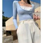 Long-sleeve Paneled T-shirt Light Blue - One Size