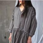 Striped V-neck Long Sleeve Drawstring Waist Maxi Dress