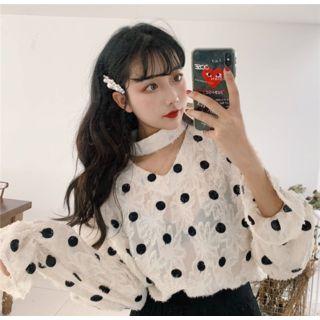V-neck Dotted Long-sleeve Top As Shown In Figure - One Size