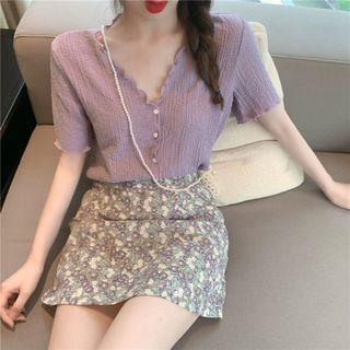 Set: Short-sleeve V-neck Blouse + Flower Print Mini A-line Skirt