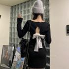 Long-sleeve Square Neck Cutout-back Knit Mini Bodycon Dress Black - One Size